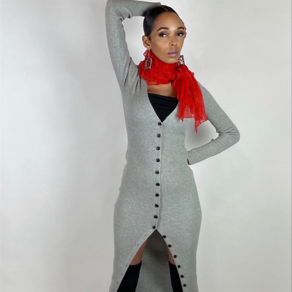 S-2X Long Sleeve Button-down Sweater Dress